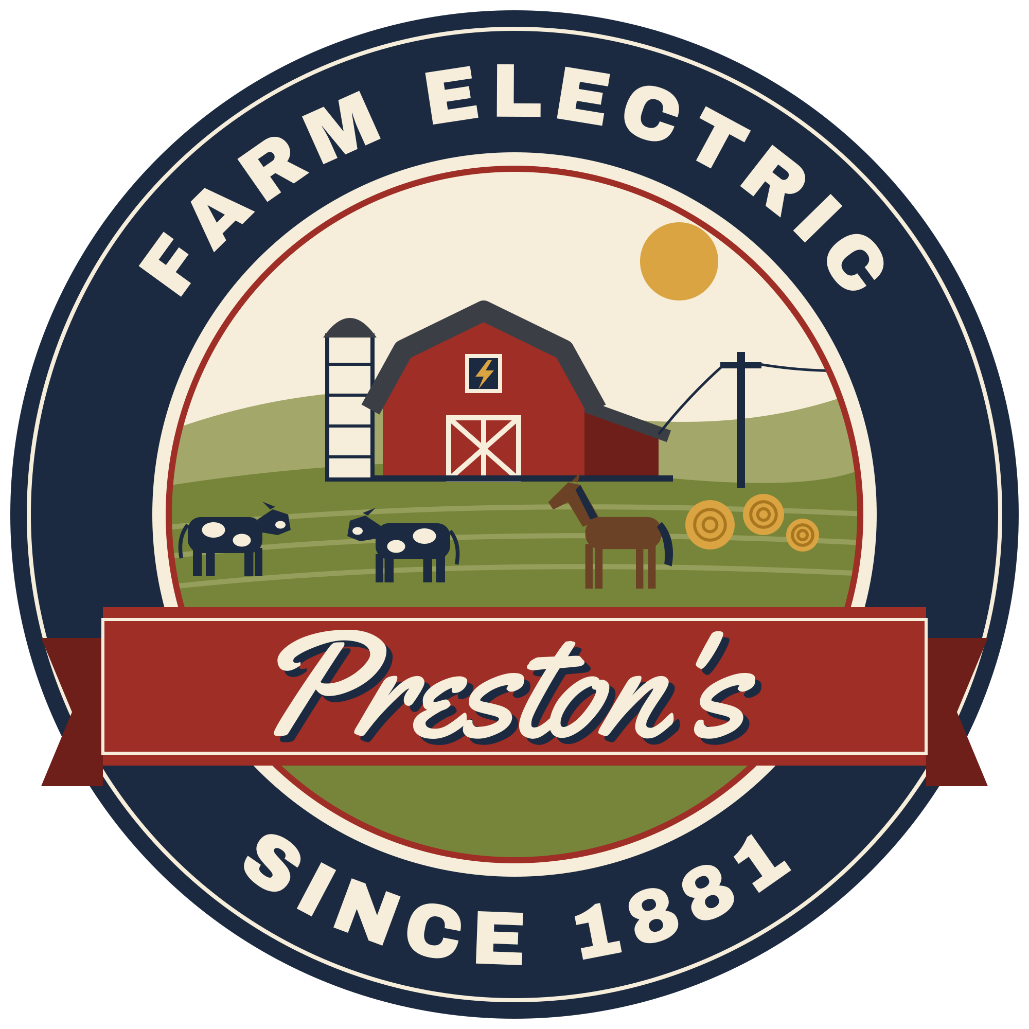 Preston's Farm Electric badge — red barn, cows and horse in a hay field, since 1881